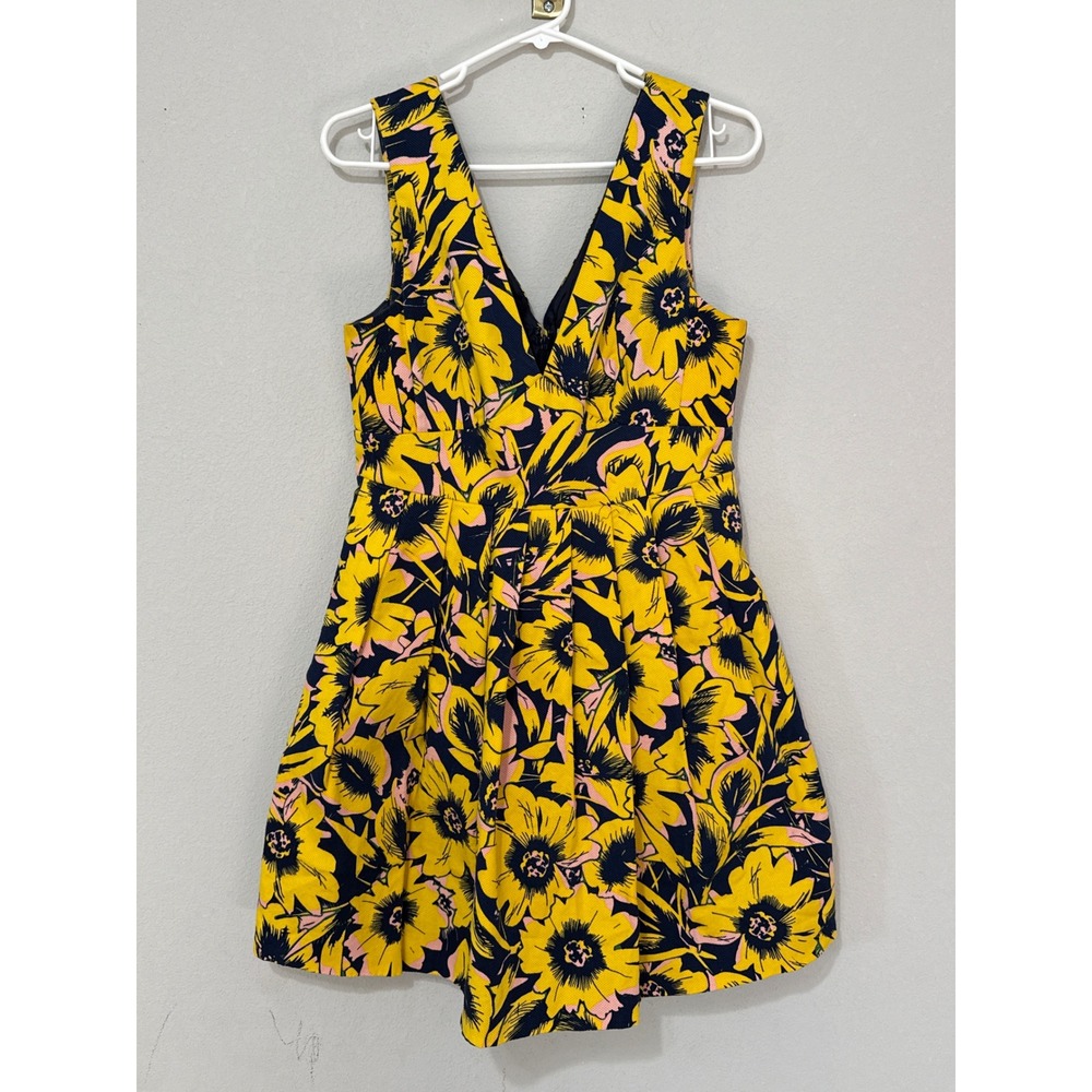 J. Crew Floral Pique Dress Womens 8 Yellow Navy Blue V-Neck Fit Flare
